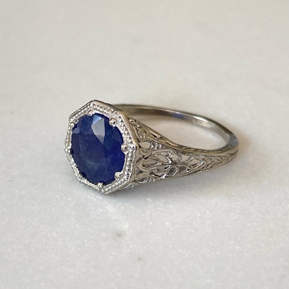 Vintage 3 Carat Sapphire Ring, 14k White Gold Filigree, Sz 6 EUC - Picture 5 of 13